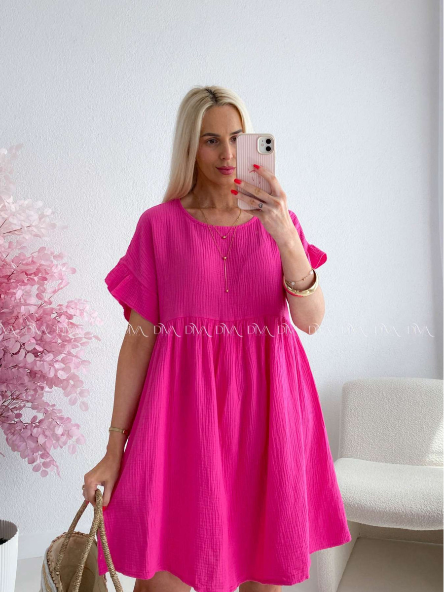 Mušelínové krátke šaty s volánikom fuchsia AB 226