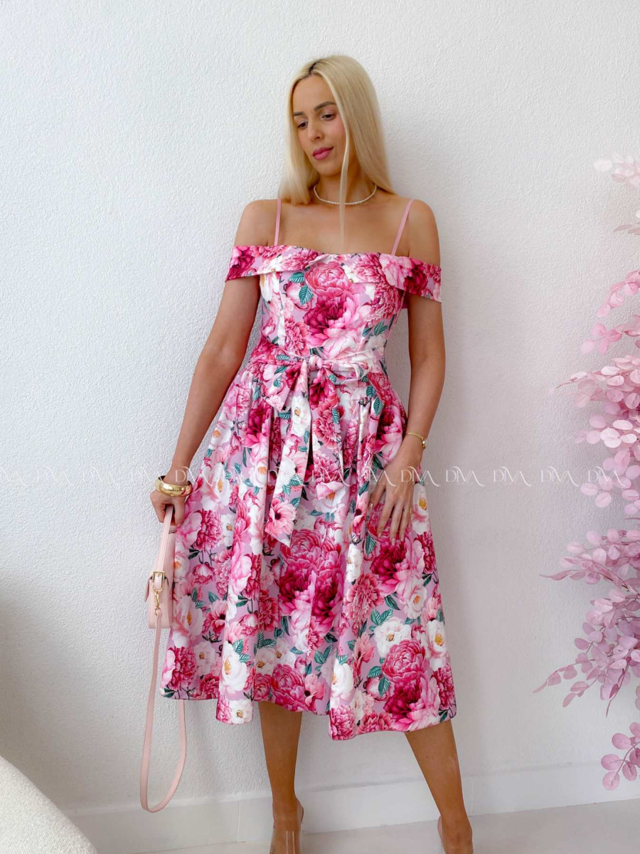 Elegantné midi šaty so spadnutými ramenami Peonie ABB 141 Elegantné midi šaty so spadnutými ramenami Peonie ABB 141