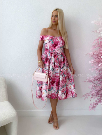 Elegantné midi šaty so spadnutými ramenami Peonie ABB 141 Elegantné midi šaty so spadnutými ramenami Peonie ABB 141