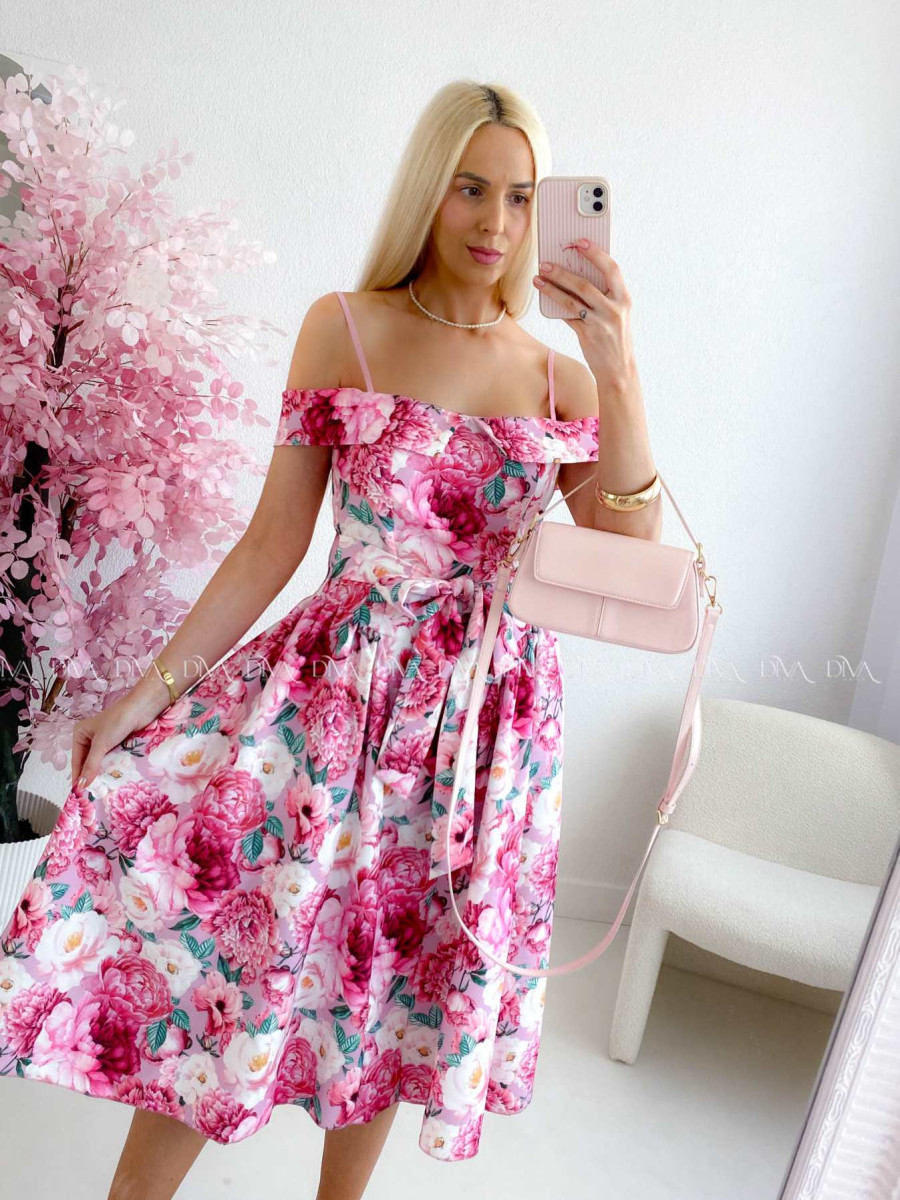 Elegantné midi šaty so spadnutými ramenami Peonie ABB 141 Elegantné midi šaty so spadnutými ramenami Peonie ABB 141