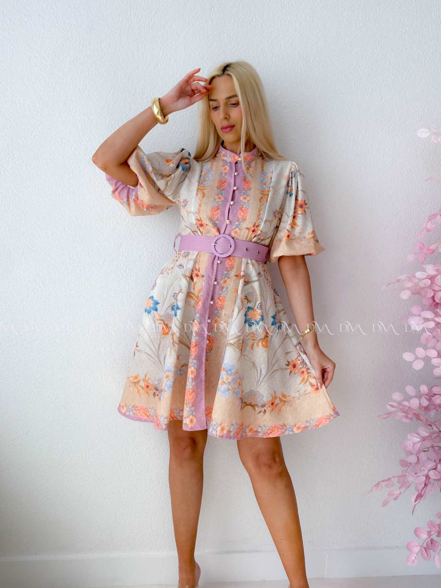 Elegantné kvetinové šaty s puf rukávom krátke Yasmin béžové AB 249