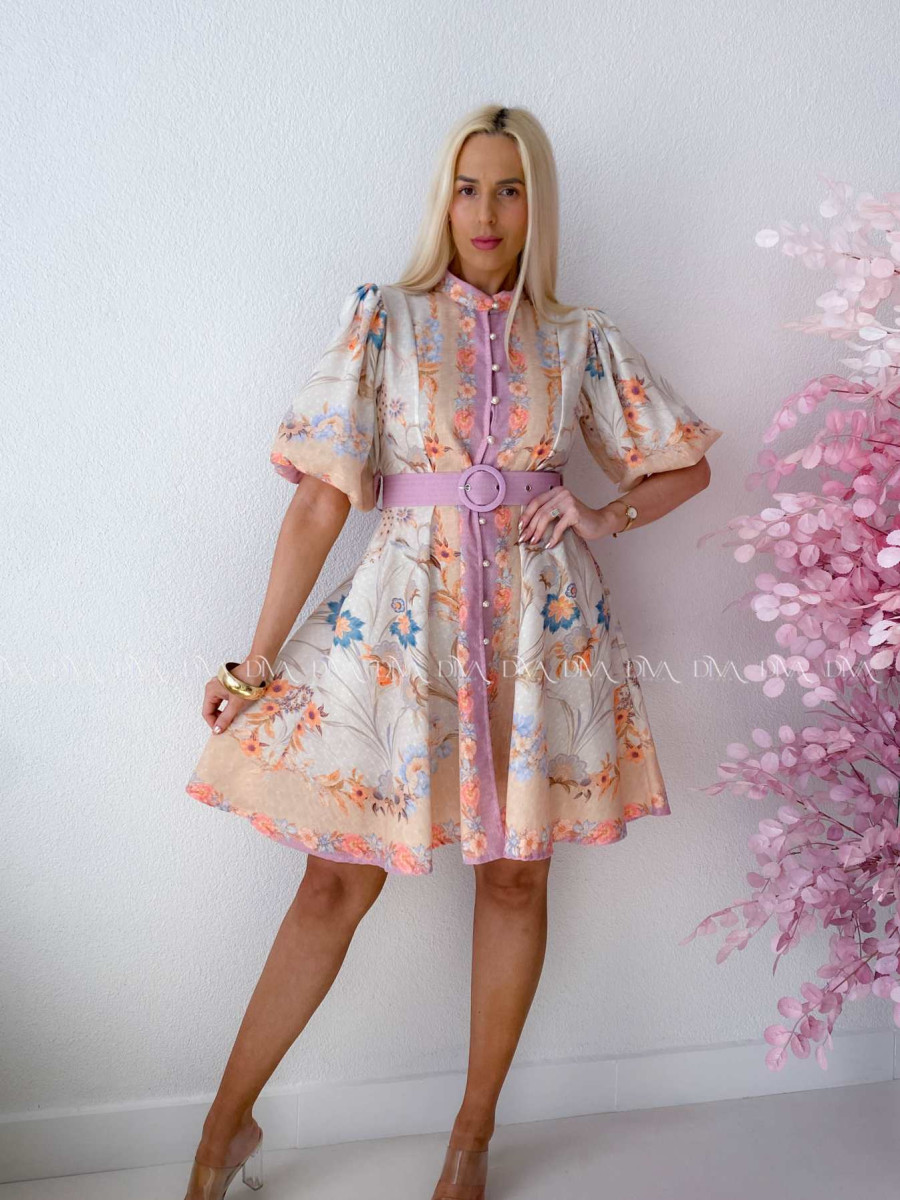 Elegantné kvetinové šaty s puf rukávom krátke Yasmin béžové AB 249