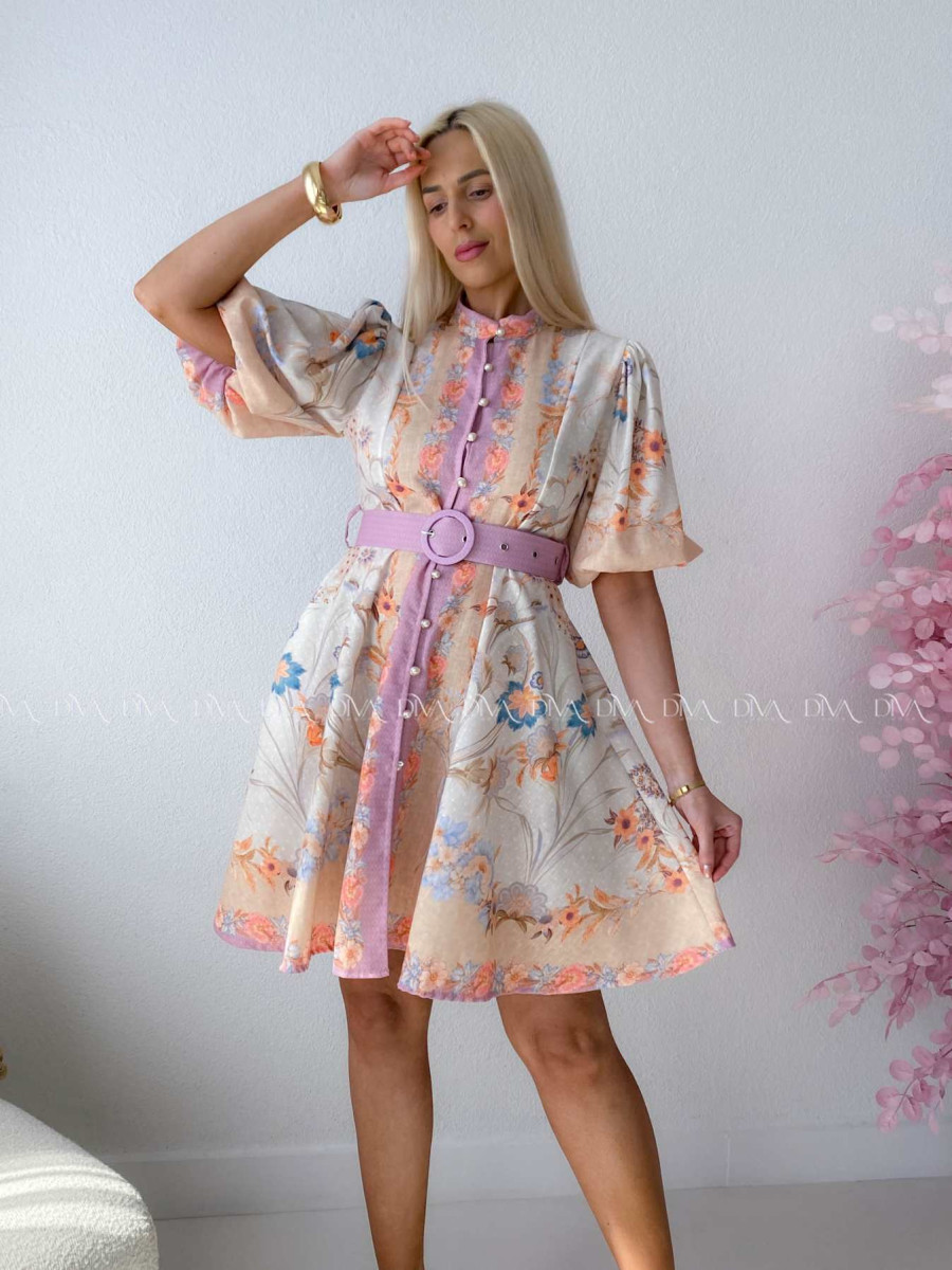 Elegantné kvetinové šaty s puf rukávom krátke Yasmin béžové AB 249