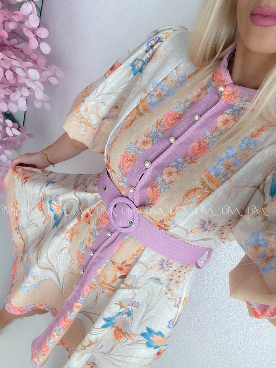 Elegantné kvetinové šaty s puf rukávom krátke Yasmin béžové AB 249