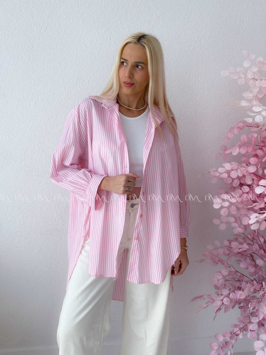Oversize predĺžená pruhovaná košeľa ružová M 159