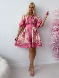 Elegantné kvetinové šaty s puf rukávom krátke Yasmin fuchsia AB 249