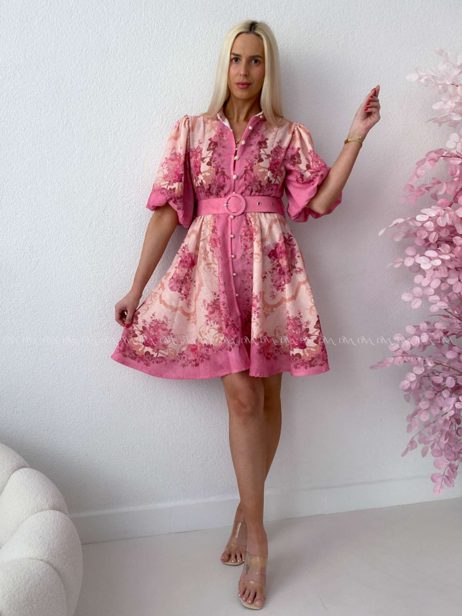 Elegantné kvetinové šaty s puf rukávom krátke Yasmin fuchsia AB 249