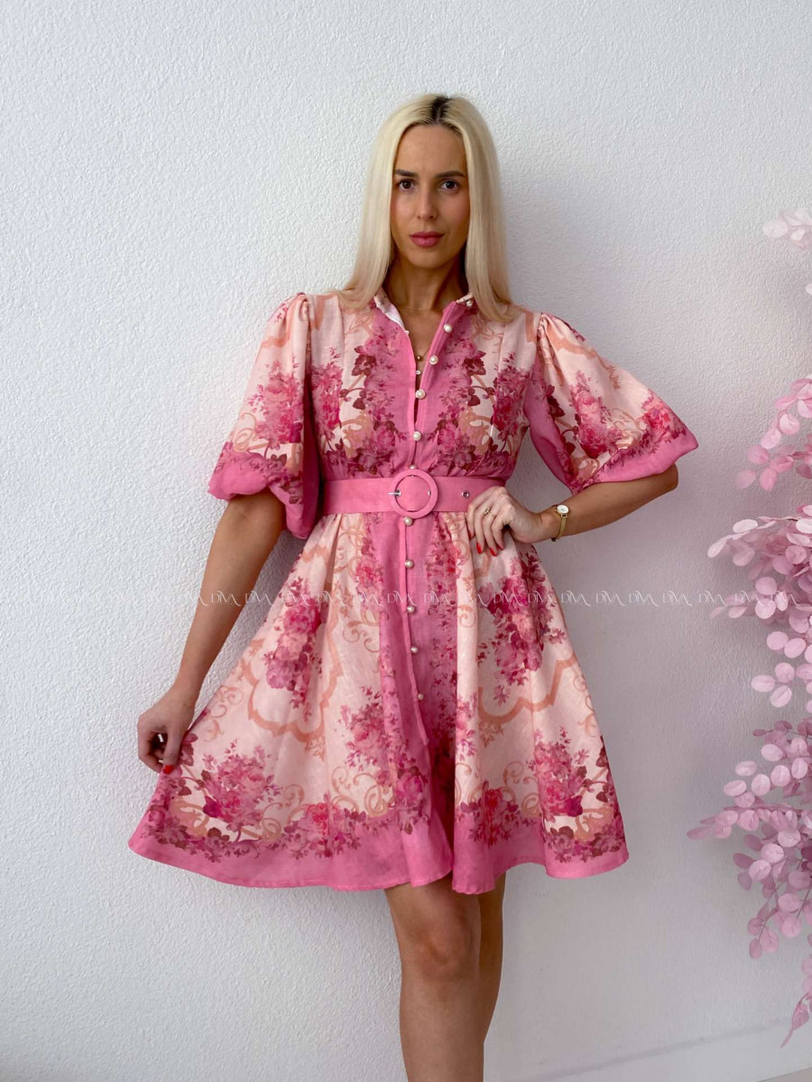 Elegantné kvetinové šaty s puf rukávom krátke Yasmin fuchsia AB 249