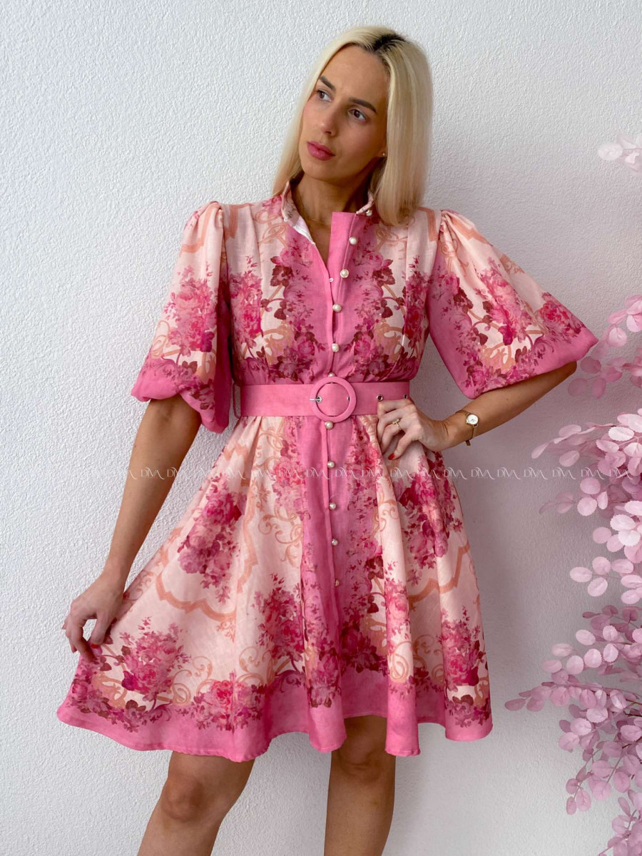Elegantné kvetinové šaty s puf rukávom krátke Yasmin fuchsia AB 249