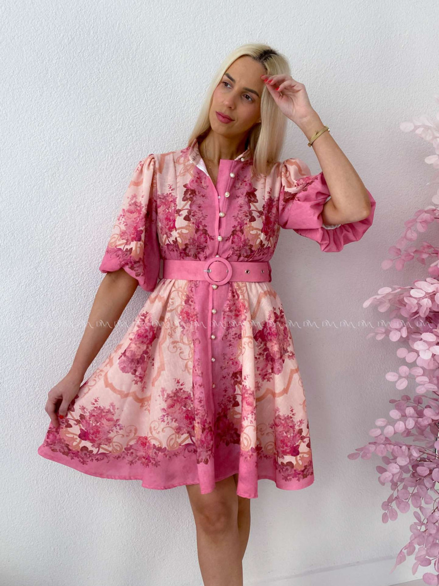 Elegantné kvetinové šaty s puf rukávom krátke Yasmin fuchsia AB 249