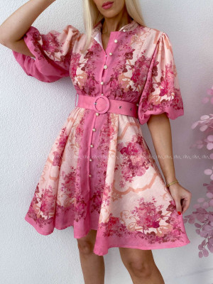 Elegantné kvetinové šaty s puf rukávom krátke Yasmin fuchsia AB 249