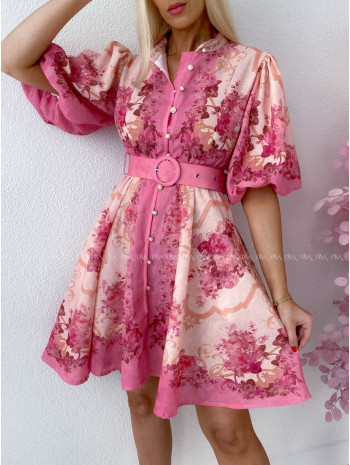 Elegantné kvetinové šaty s puf rukávom krátke Yasmin fuchsia AB 249