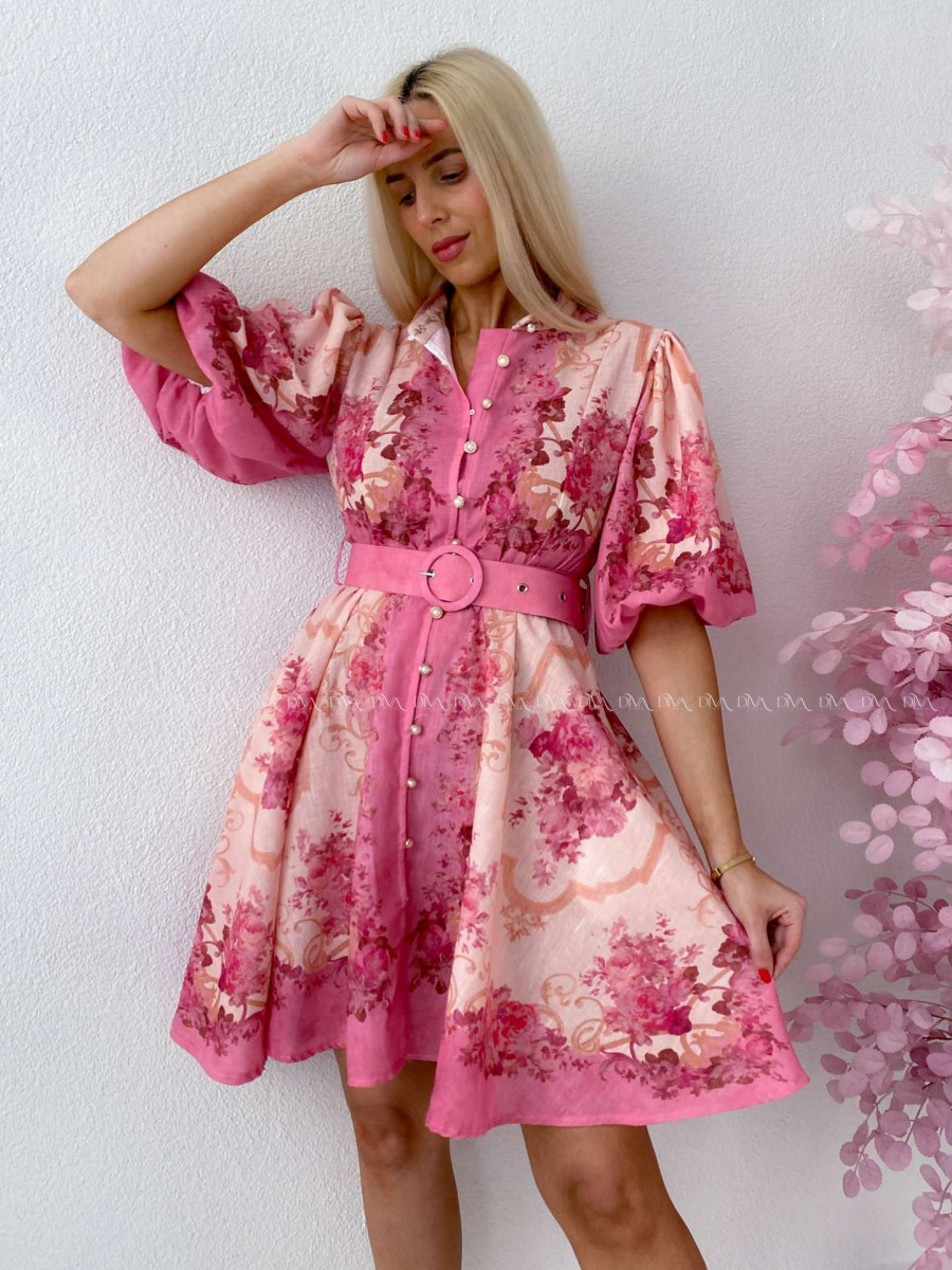 Elegantné kvetinové šaty s puf rukávom krátke Yasmin fuchsia AB 249