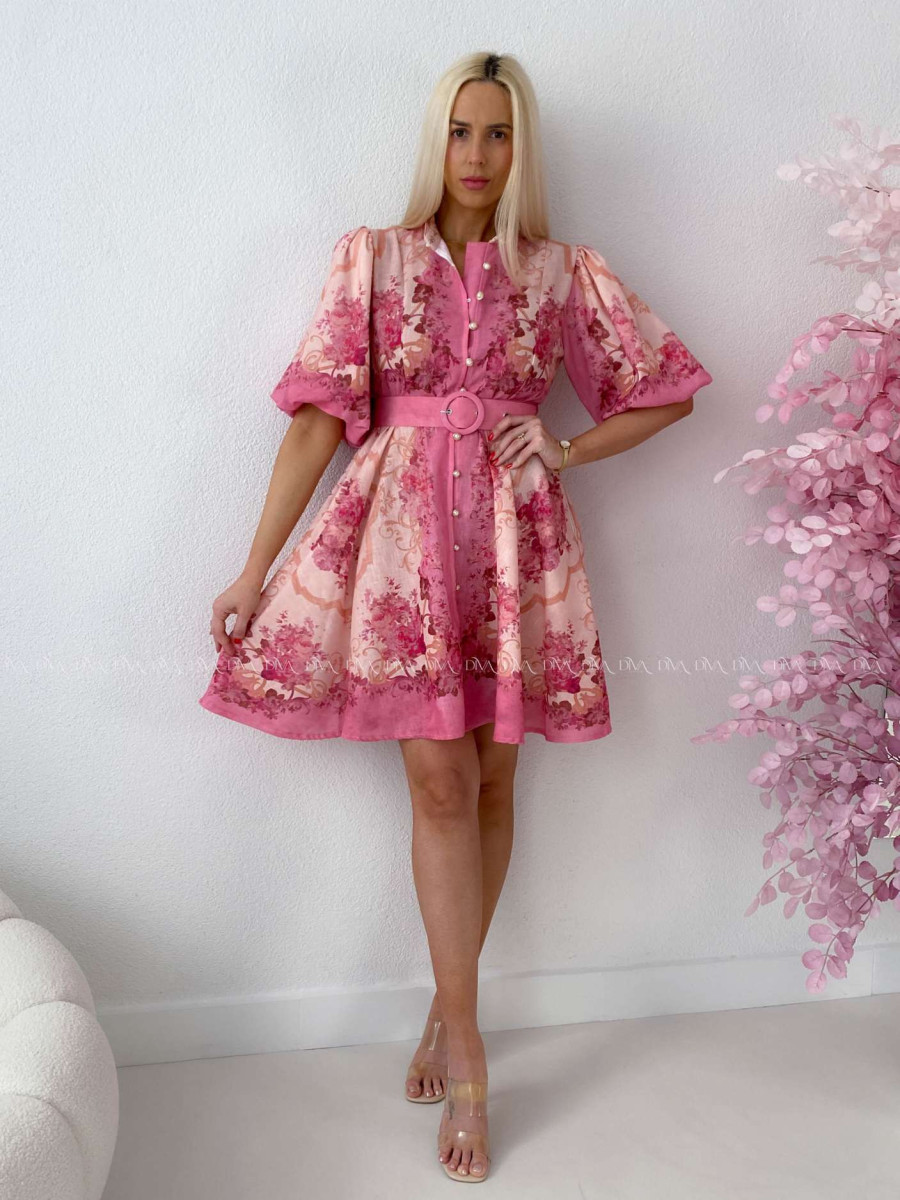 Elegantné kvetinové šaty s puf rukávom krátke Yasmin fuchsia AB 249