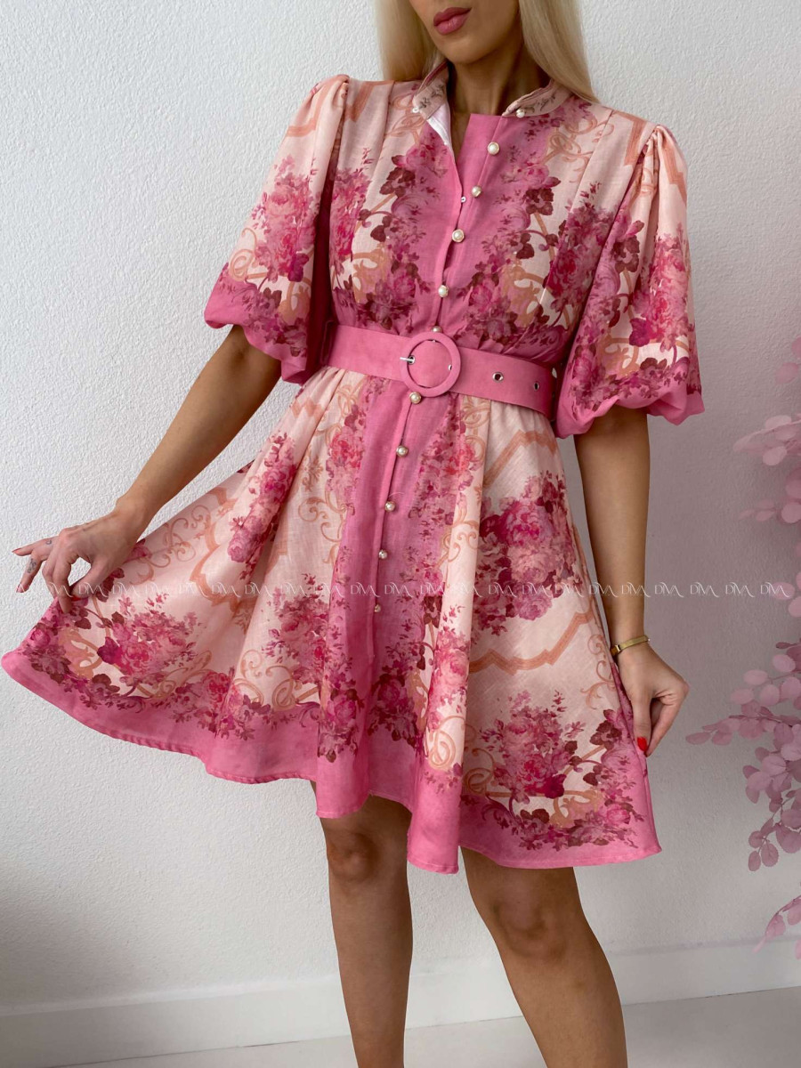 Elegantné kvetinové šaty s puf rukávom krátke Yasmin fuchsia AB 249