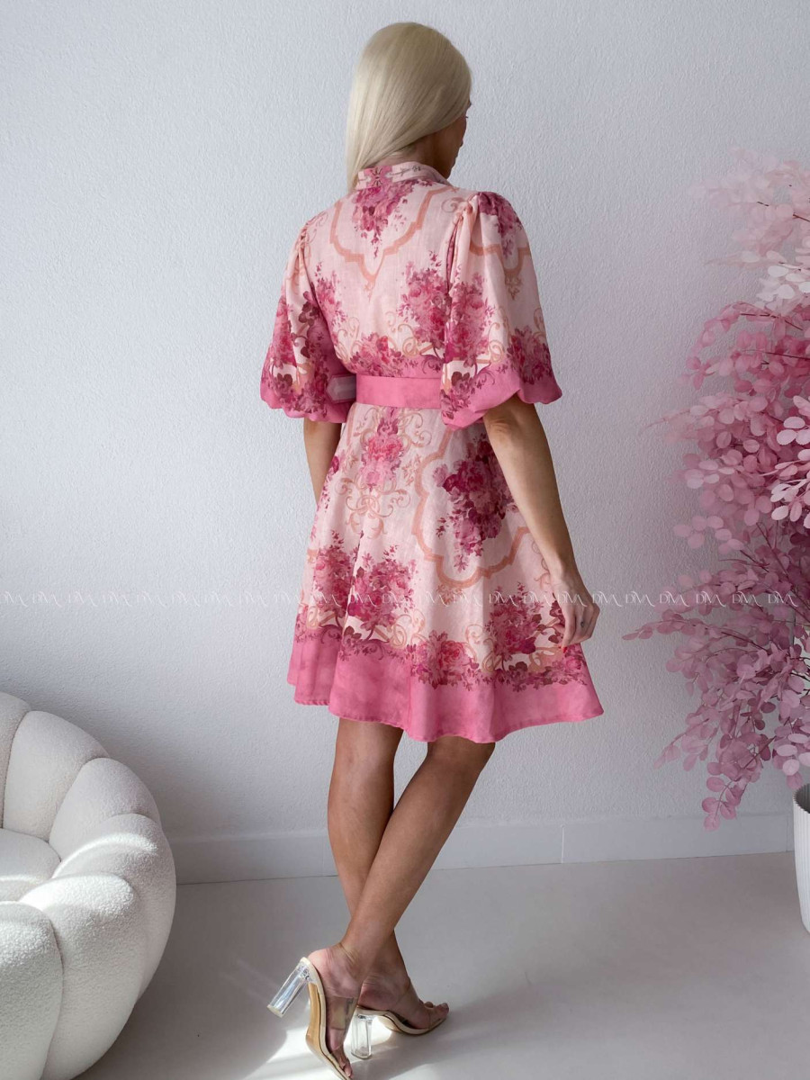 Elegantné kvetinové šaty s puf rukávom krátke Yasmin fuchsia AB 249