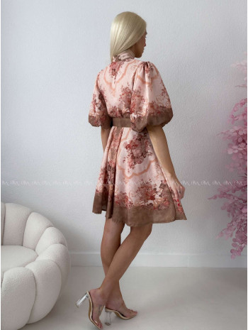 Elegantné kvetinové šaty s puf rukávom krátke Yasmin čokoládové AB 249