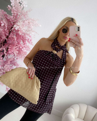 Ľahký bodkovaný top so zlatou sponou čokoládový AB 268