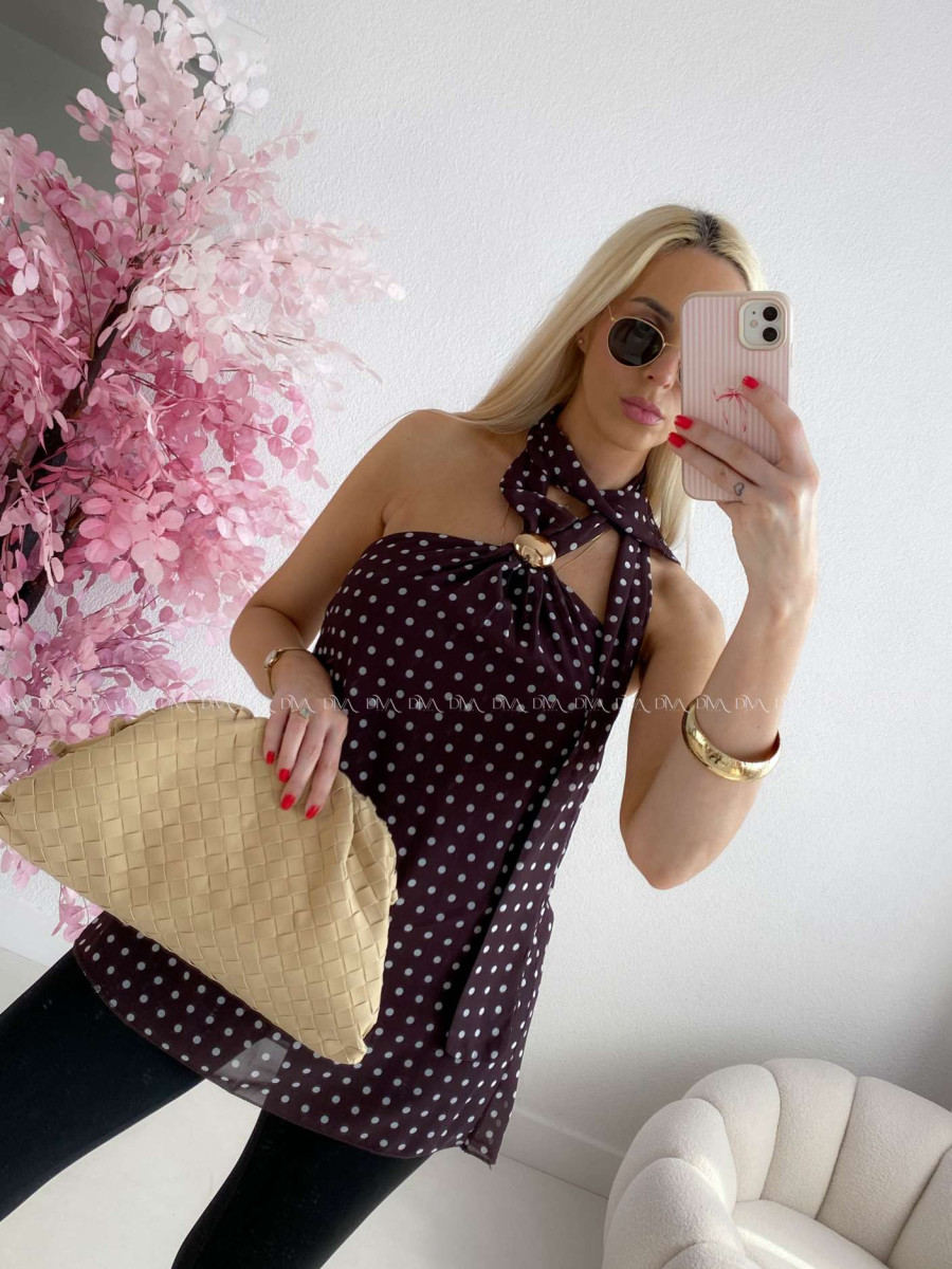 Ľahký bodkovaný top so zlatou sponou čokoládový AB 268