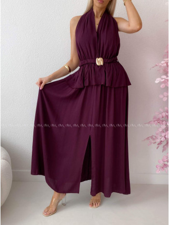 Maxi šaty s peplum volánom a viazaním okolo krku burgundy AB 277 Maxi šaty s peplum volánom a viazaním okolo krku burgundy AB 277