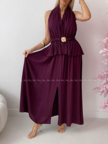 Maxi šaty s peplum volánom a viazaním okolo krku burgundy AB 277 Maxi šaty s peplum volánom a viazaním okolo krku burgundy AB 277