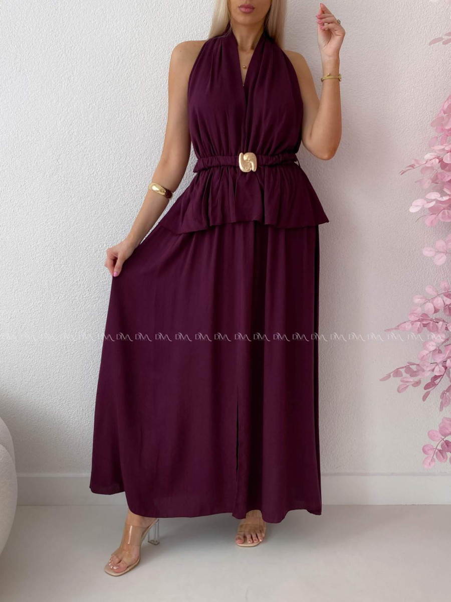 Maxi šaty s peplum volánom a  viazaním okolo krku burgundy AB 277