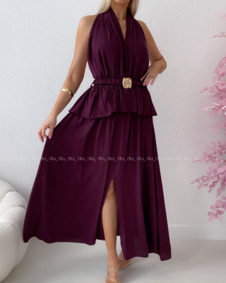 Maxi šaty s peplum volánom a  viazaním okolo krku burgundy AB 277