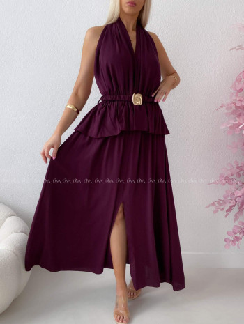Maxi šaty s peplum volánom a  viazaním okolo krku burgundy AB 277