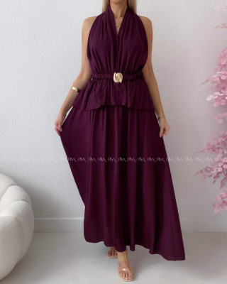 Maxi šaty s peplum volánom a  viazaním okolo krku burgundy AB 277