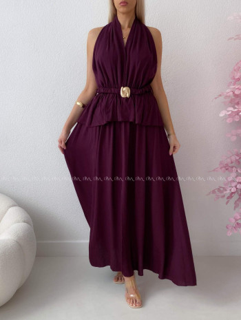 Maxi šaty s peplum volánom a viazaním okolo krku burgundy AB 277 Maxi šaty s peplum volánom a viazaním okolo krku burgundy AB 277