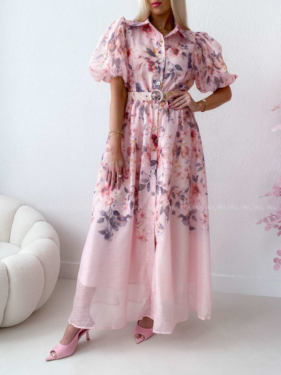 Elegantné kvetinové maxi šaty nature ružové AB 303