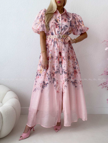 Elegantné kvetinové maxi šaty nature ružové AB 303