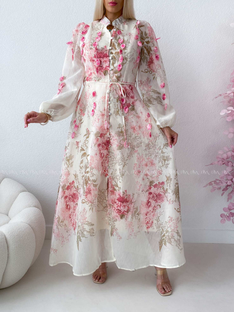 Elegantné maxi šaty Floral s lístočkami bielo/ ružové AB 300