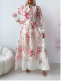 Elegantné maxi šaty Floral s lístočkami bielo/ ružové AB 300