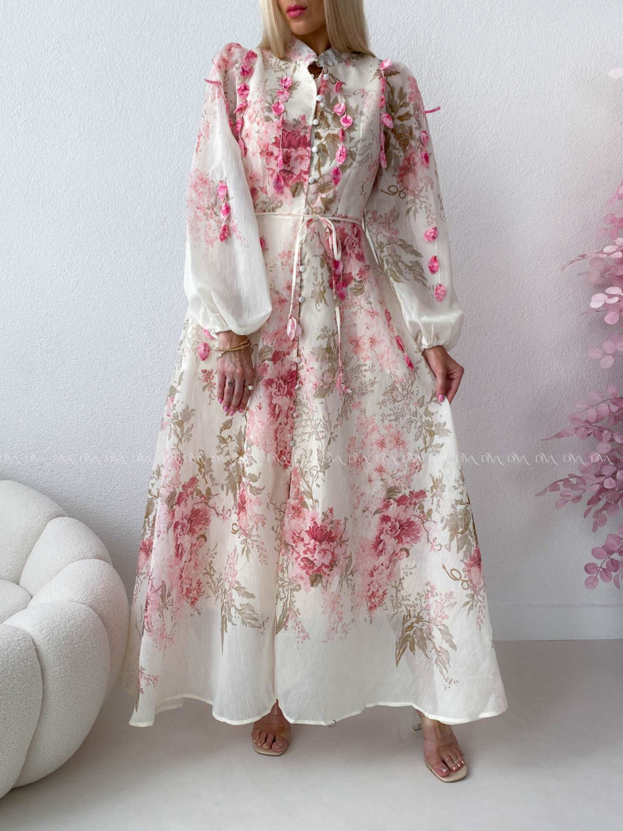 Elegantné maxi šaty Floral s lístočkami bielo/ ružové AB 300