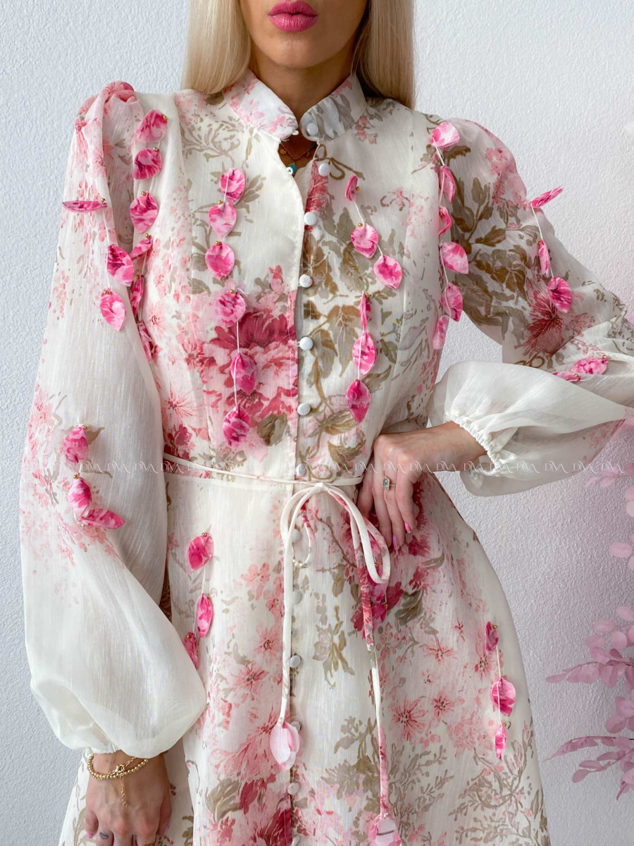 Elegantné maxi šaty Floral s lístočkami bielo/ ružové AB 300