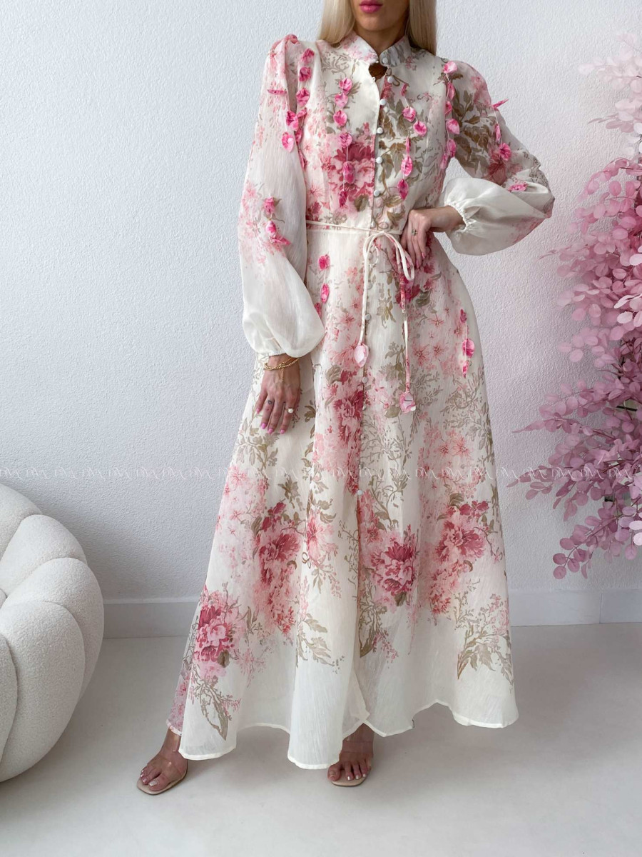 Elegantné maxi šaty Floral s lístočkami bielo/ ružové AB 300