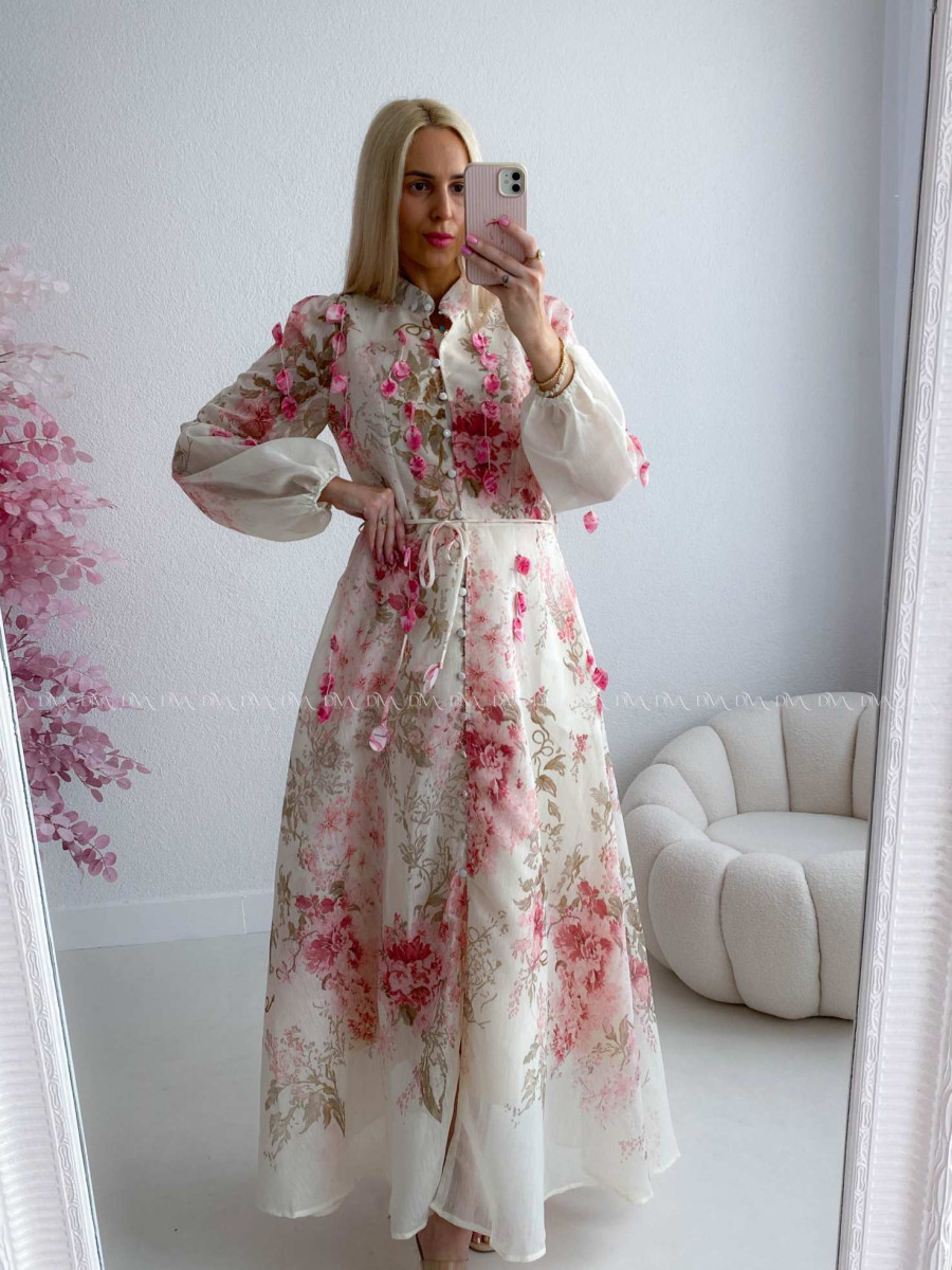 Elegantné maxi šaty Floral s lístočkami bielo/ ružové AB 300