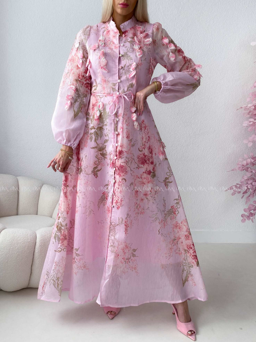 Elegantné maxi šaty Floral s lístočkami ružové AB 300