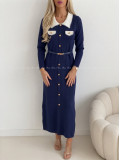 Úpletové maxi šaty s golierikom navy blue AB 536