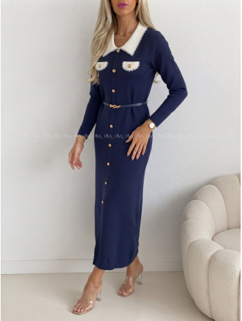 Úpletové maxi šaty s golierikom navy blue AB 536