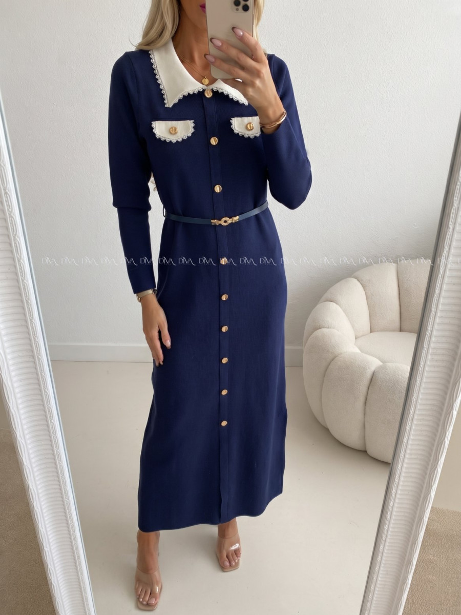 Úpletové maxi šaty s golierikom navy blue AB 536