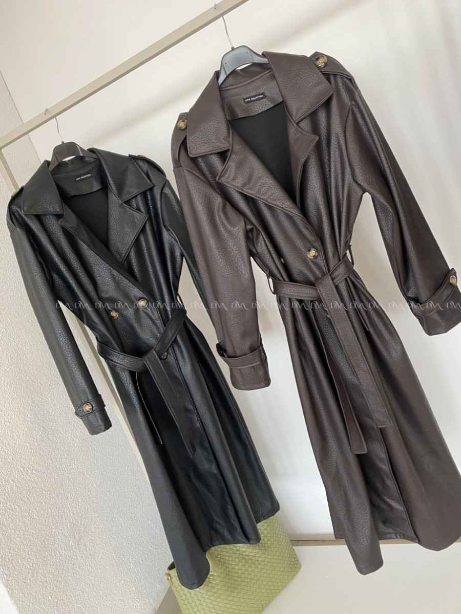Eko koženkový trench coat čierny AB 543 Eko koženkový trench coat čierny AB 543
