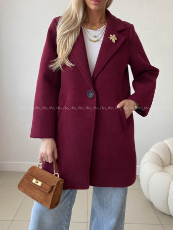 Midi prechodný kabát s brošňou burgundy AB 59