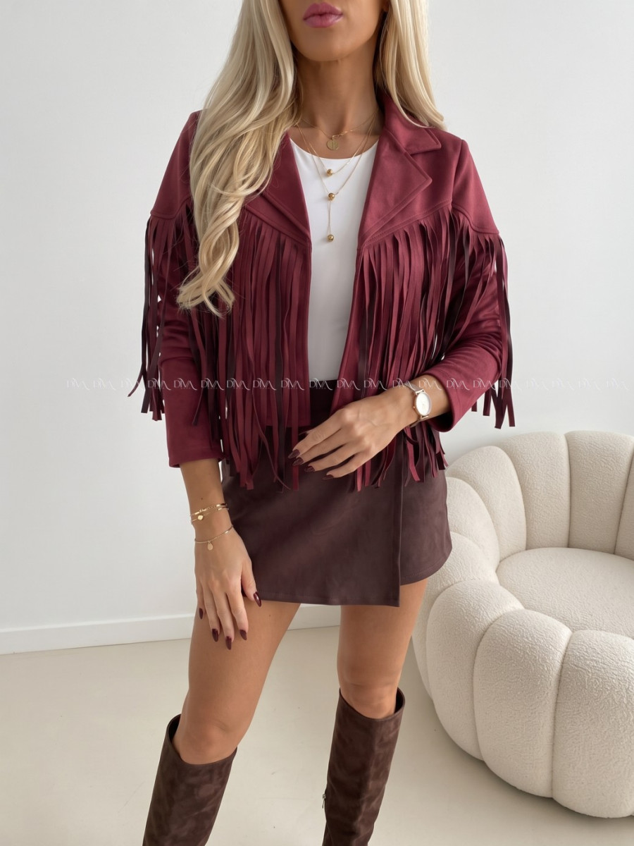 Jelenicová bunda so strapcami burgundy AB 708 Jelenicová bunda so strapcami burgundy AB 708