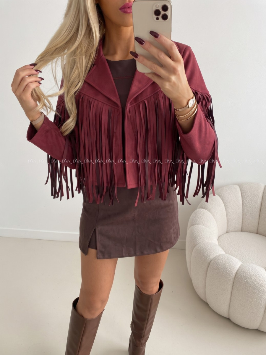 Jelenicová bunda so strapcami burgundy AB 708 Jelenicová bunda so strapcami burgundy AB 708