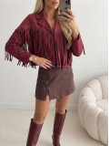 Jelenicová bunda so strapcami burgundy AB 708 Jelenicová bunda so strapcami burgundy AB 708
