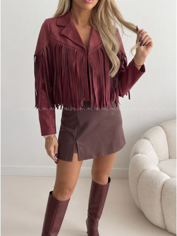 Jelenicová bunda so strapcami burgundy AB 708 Jelenicová bunda so strapcami burgundy AB 708