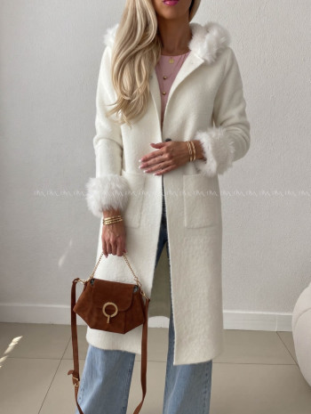 Fluffy predĺžený kardigan s kožušinou krémový AB 709