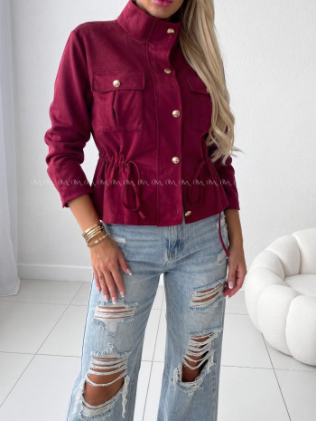 Semišová bunda so sťahovaním v páse burgundy AB 233